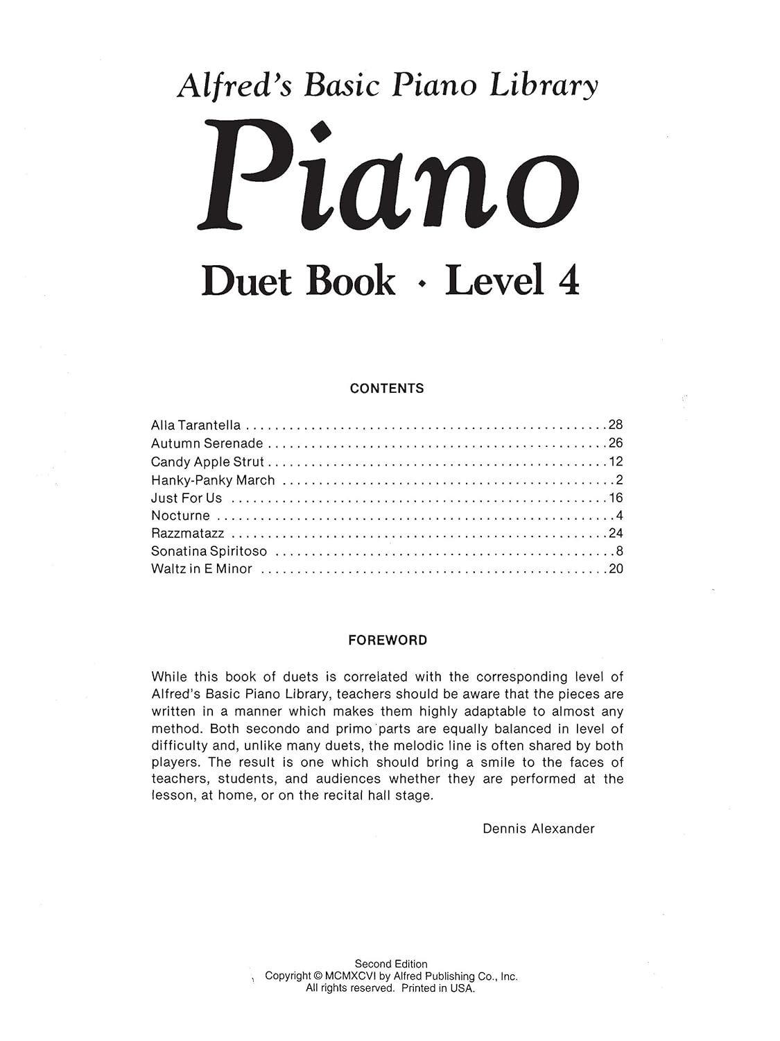 Alexander, Dennis - Alfred'S Basic Piano Duet Book Level 4