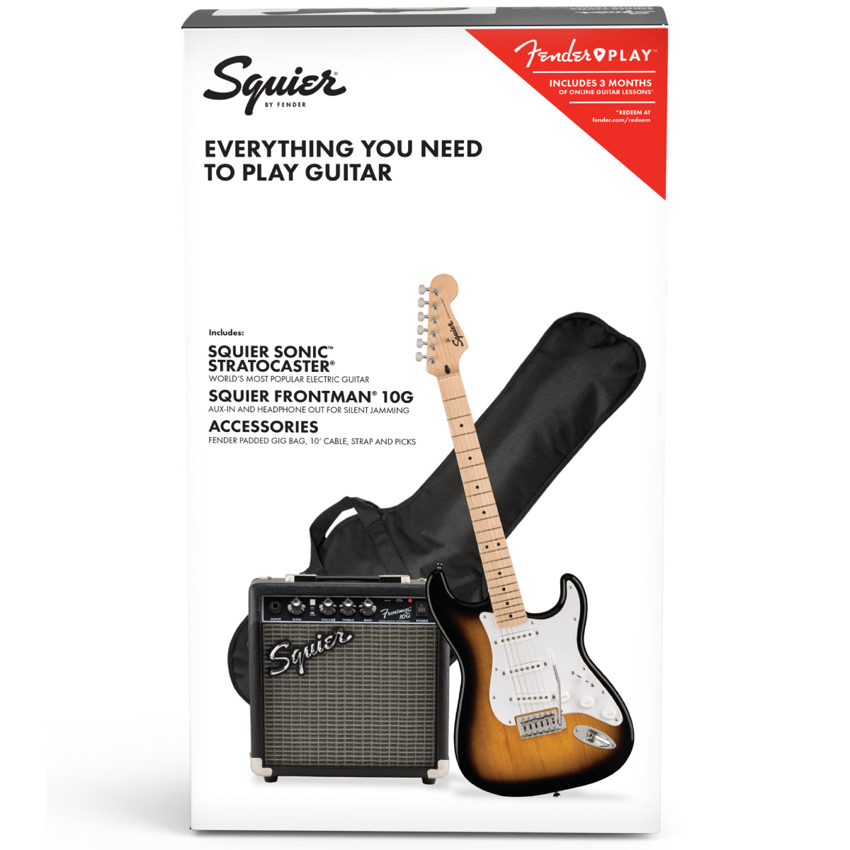 Squier Sonic Stratocaster Pack, Maple Fingerboard, 2-Color Sunburst, 10G