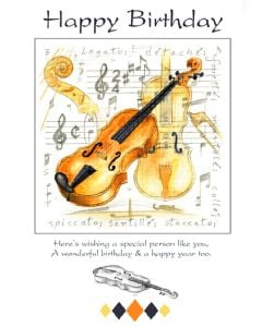 Greetings Card - Happy Birthday, Violins, 7 x 5